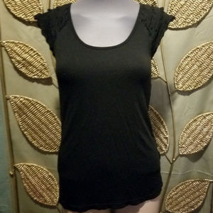 H&M Ruffle Sleeve Black Ladies Tee Sz Small